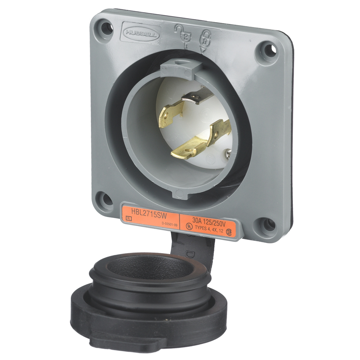 Watertight Safety-Shroud, Locking Devices, Twist-Lock, Flanged Inlet, 30A 125/250V AC, 3-Pole 4-Wire Grounding, NEMA L14- 30P, Screw Terminal, Gray.