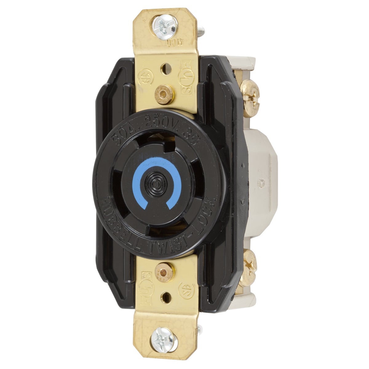 Locking Devices, Twist-Lock, Industrial, Flush Receptacle, 30A 3-Phase Delta 250V AC, 3-Pole 4-Wire Grounding, L15-30R, Screw Terminal, Black.