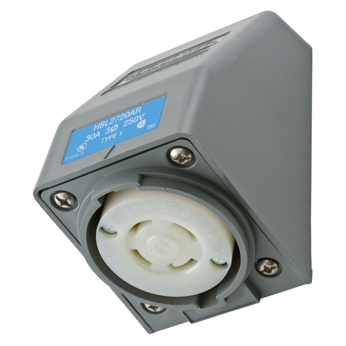 Locking Devices, Twist-Lock, Safety-Shroud, Angled Receptacle, One Gang, 30A 3 -Phase Delta 250V AC, 3-Pole 4-Wire Grounding, NEMA L15-30R, Screw Terminal , Gray.