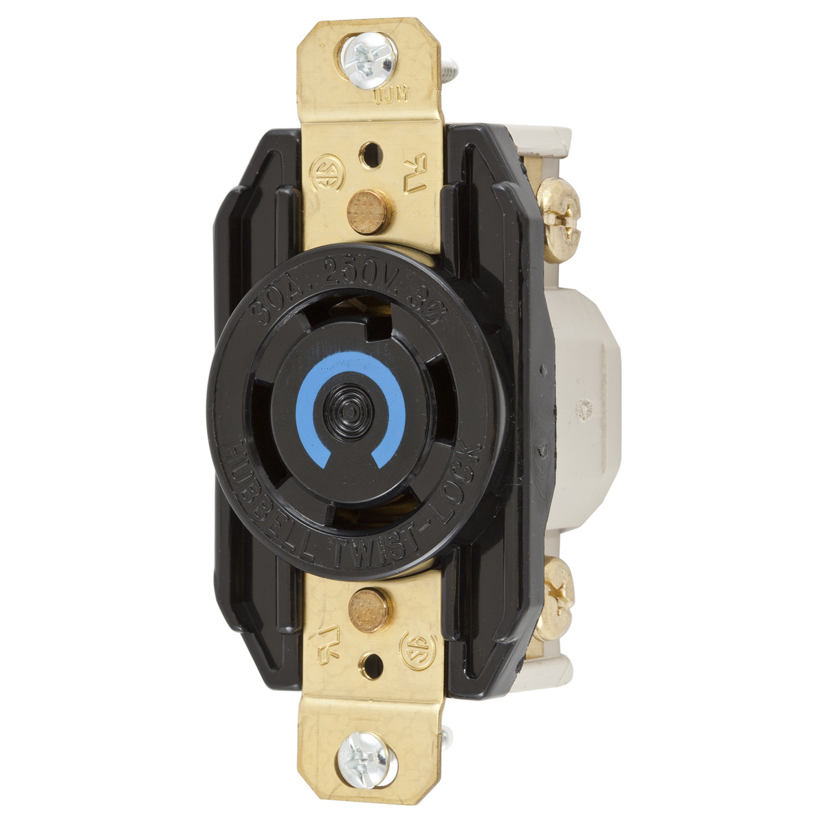 Locking Devices, Twist-Lock, Industrial, Flush Receptacle, 30A 3-Phase Delta 250V AC, 3-Pole 4-Wire Grounding, L15-30R, Ring Terminal, Black