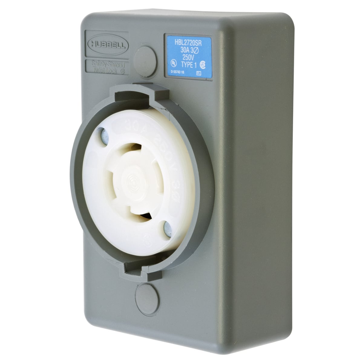 Locking Devices, Twist-Lock, Safety-Shroud, Surface Mount Receptacle, One Gang, 30A 3-Phase Delta 250V AC, 3-Pole 4- Wire Grounding, NEMA L15-30R, Screw Terminal, Gray.