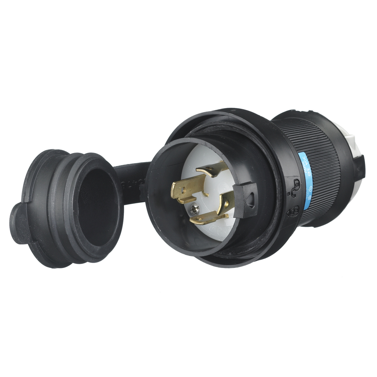Locking Devices, Twist-Lock, Watertight Safety-Shroud, Male Plug, 30A 3-Phase Delta 250V AC, 3-Pole 4-Wire Grounding, NEMA L15-30P, Screw Terminal, Black PBT housing, White PBT clamps.