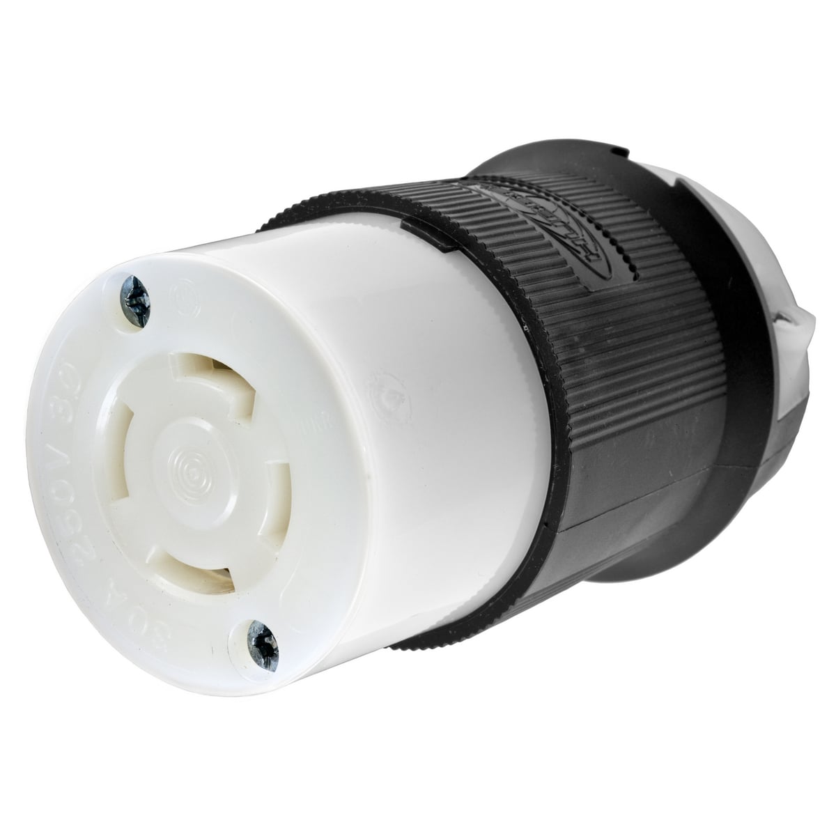 Locking Devices, Twist-Lock, Industrial, Female Connector Body, 30A 3-Phase Delta 250V AC, 3-Pole 4-Wire Grounding, L15-30R, Screw Terminal, Black and White.