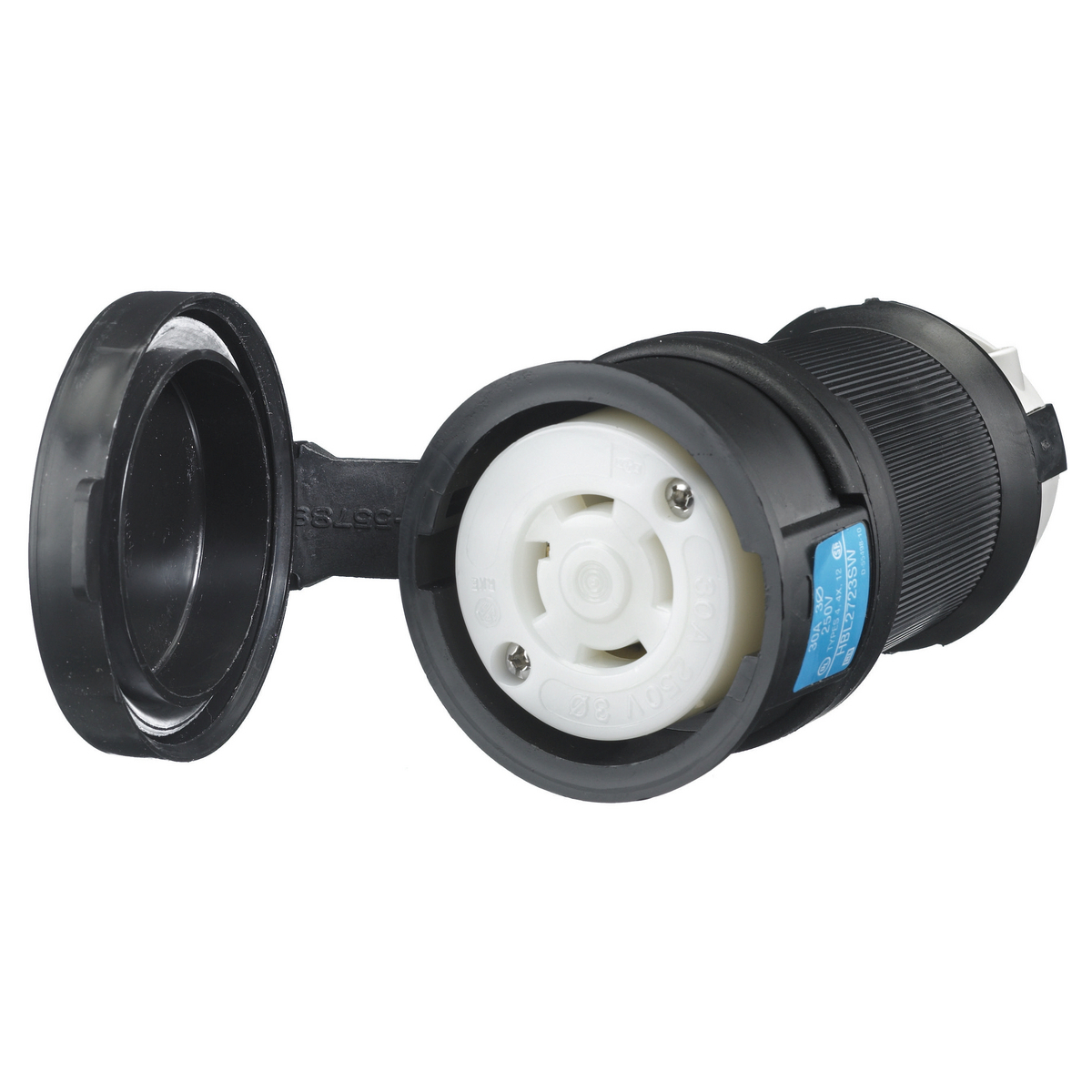 Locking Devices, Twist-Lock, Watertight Safety-Shroud, Female Connector Body, 30A 3-Phase Delta 250V AC, 3-Pole 4-Wire Grounding, NEMA L15-30R, Screw Terminal, Black PBT housing, White PBT clamps.
