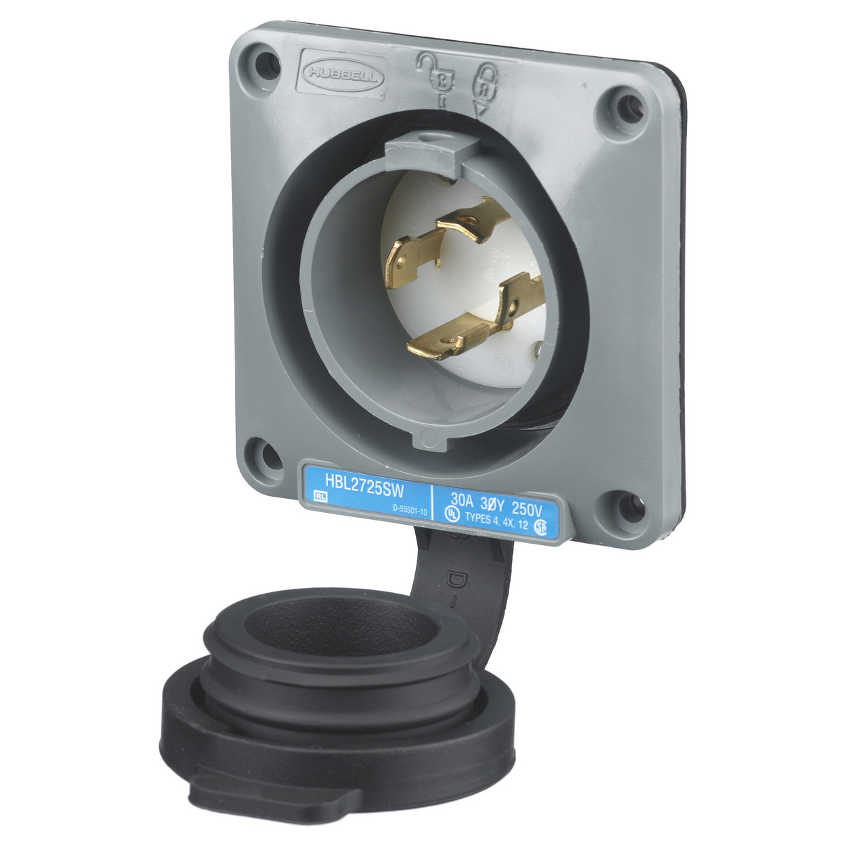 Watertight Safety-Shroud, Locking Devices, Twist-Lock, Flanged Inlet, 30A 3-Phase Delta 250V AC, 3-Pole 4-Wire Grounding, NEMA L15-30P, Screw Terminal, Gray.