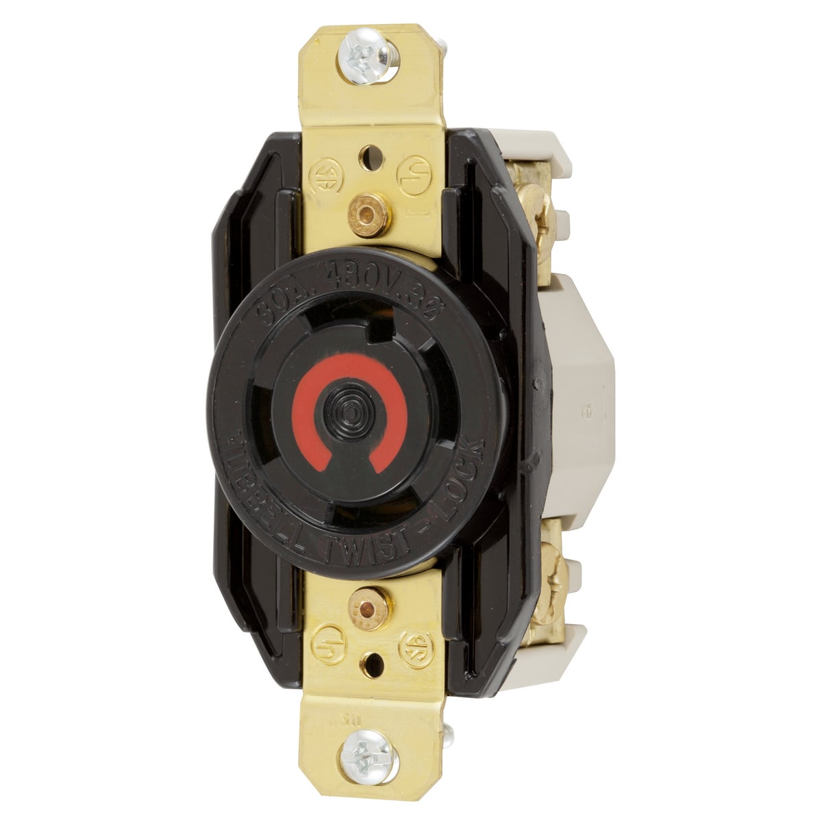 Locking Devices, Twist-Lock, Industrial, Flush Receptacle, 30A 3-Phase Delta 480V AC, 3-Pole 4-Wire Grounding, L16-30R, Screw Terminal, Black