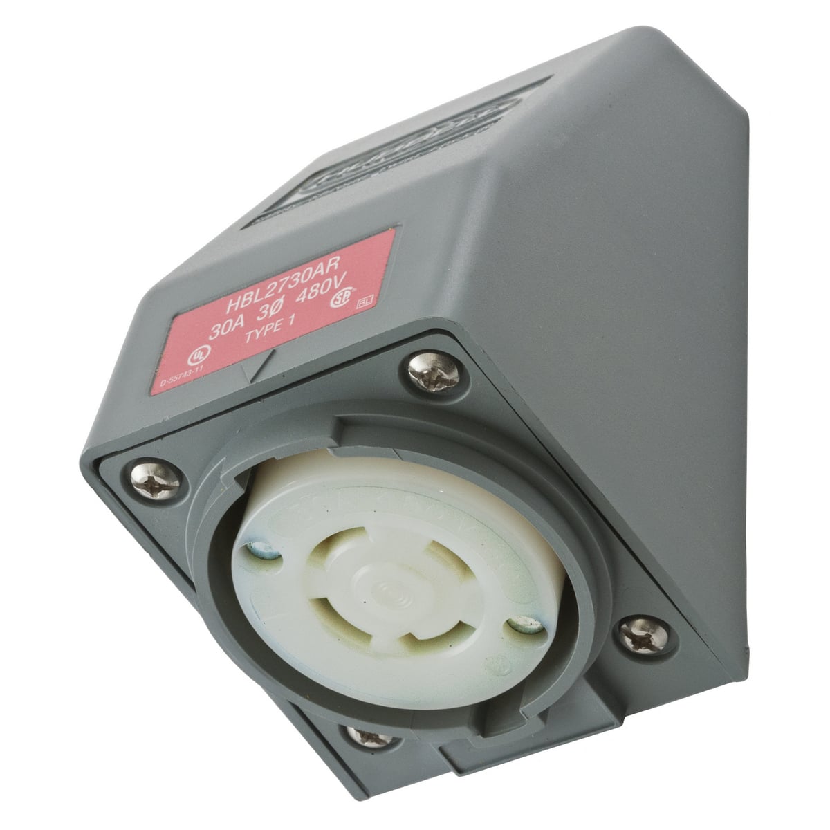 Locking Devices, Twist-Lock, Safety-Shroud, Angled Receptacle, One Gang, 30A 3-Phase Delta 480V AC, 3-Pole 4-Wire Grounding, NEMA L16-30R, Screw Terminal , Gray