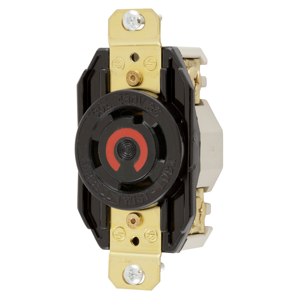 Locking Devices, Twist-Lock, Industrial, Flush Receptacle, 30A 3-Phase Delta 480V AC, 3-Pole 4-Wire Grounding, L16-30R, Ring Terminal, Black
