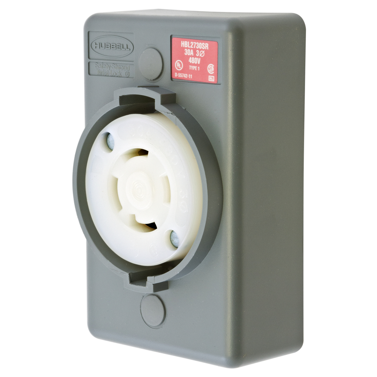 Locking Devices, Twist-Lock, Safety-Shroud, Surface Mount Receptacle, One Gang, 30A 3-Phase Delta 480V AC, 3-Pole 4- Wire Grounding, NEMA L16-30R, Screw Terminal, Gray