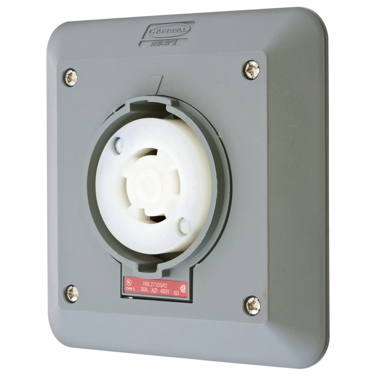 Locking Devices, Twist-Lock, Safety-Shroud, 2-Gang Semi Flush Receptacle, 30A 3-Phase Delta 480V AC, 3- Pole 4-Wire Grounding, NEMA L16-30R, Screw Terminal, Gray