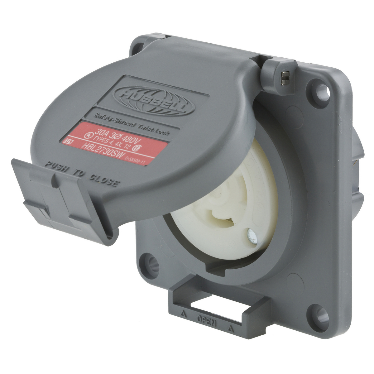Locking Devices, Twist-Lock, Watertight Safety-Shroud, Receptacle, 30A 3-Phase Delta 480V AC, 3-Pole 4-Wire Grounding, NEMA L16-30R, Screw Terminal, PBT housing and flange, Gray