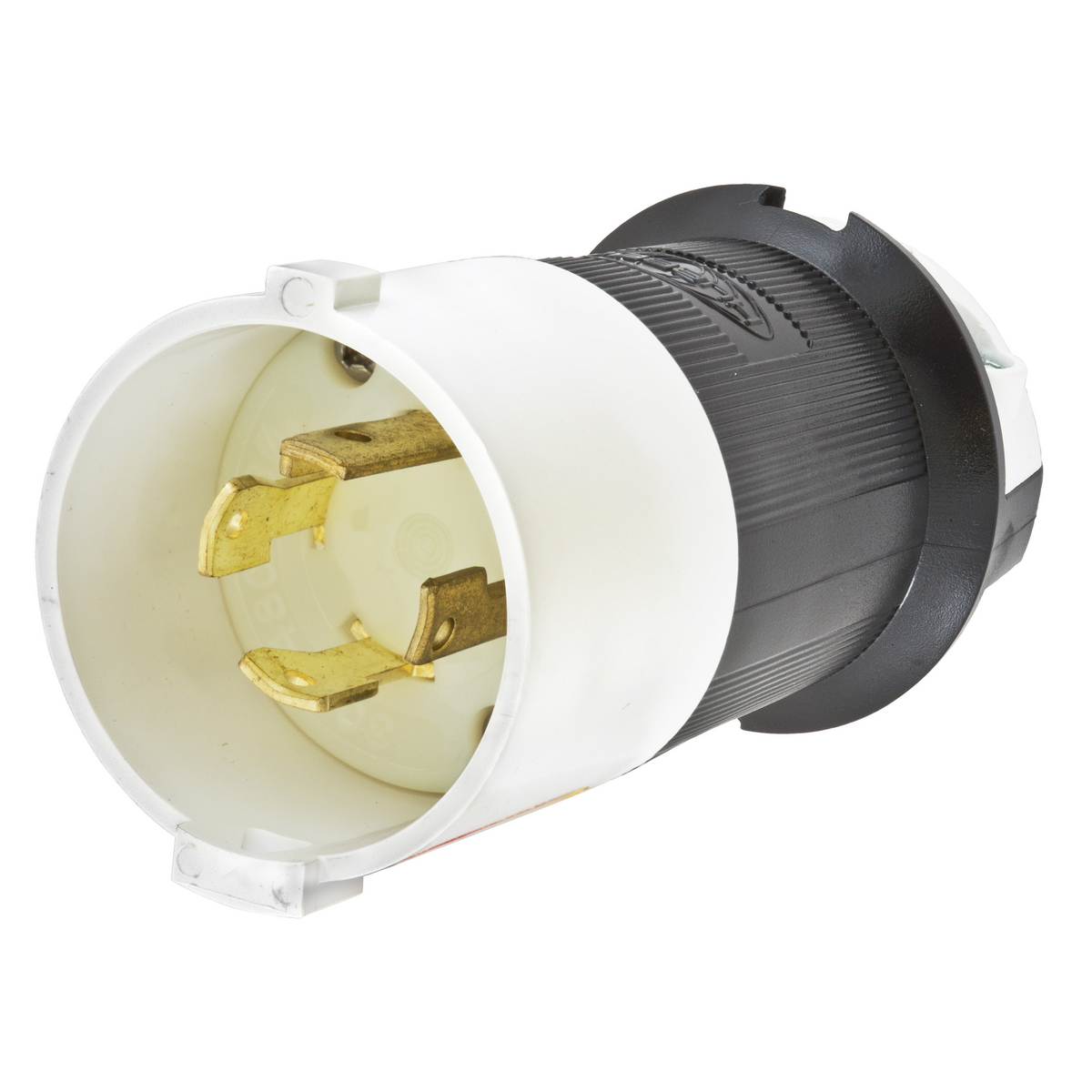 Locking Devices, Twist-Lock, Safety-Shroud, Male Plug, 30A 3-Phase 480V AC, 3-Pole 4-Wire Grounding, NEMA L16- 30P, Screw Terminal, Black and White Nylon Body, White PBT Shroud.