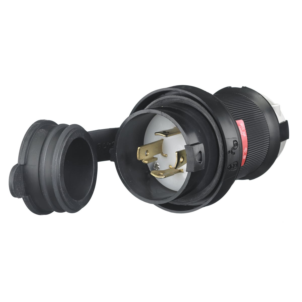 Locking Devices, Twist-Lock, Watertight Safety-Shroud, Male Plug, 30A 3-Phase Delta 480V AC, 3-Pole 4-Wire Grounding, NEMA L16-30P, Screw Terminal, Black PBT housing, White PBT clamps.