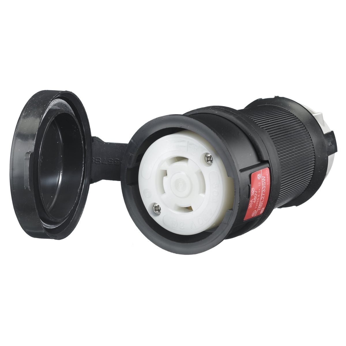 Locking Devices, Twist-Lock, Watertight Safety-Shroud, Female Connector Body, , 30A 3-Phase Delta 480V AC, 3- Pole 4-Wire Grounding, NEMA L16-30R, Screw Terminal, Black PBT housing, White PBT clamps.