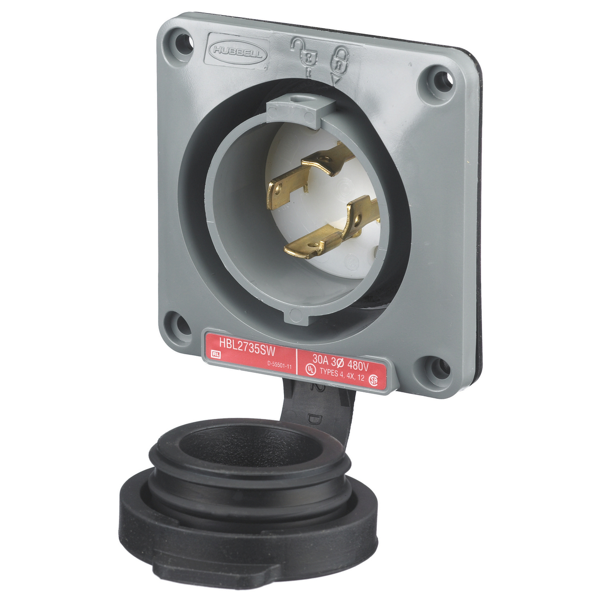 Watertight Safety-Shroud, Twist-Lock Flanged Inlet, 30A 3-Phase Delta 480V AC, 3-Pole 4-Wire Grounding, NEMA L16,Screw Terminal