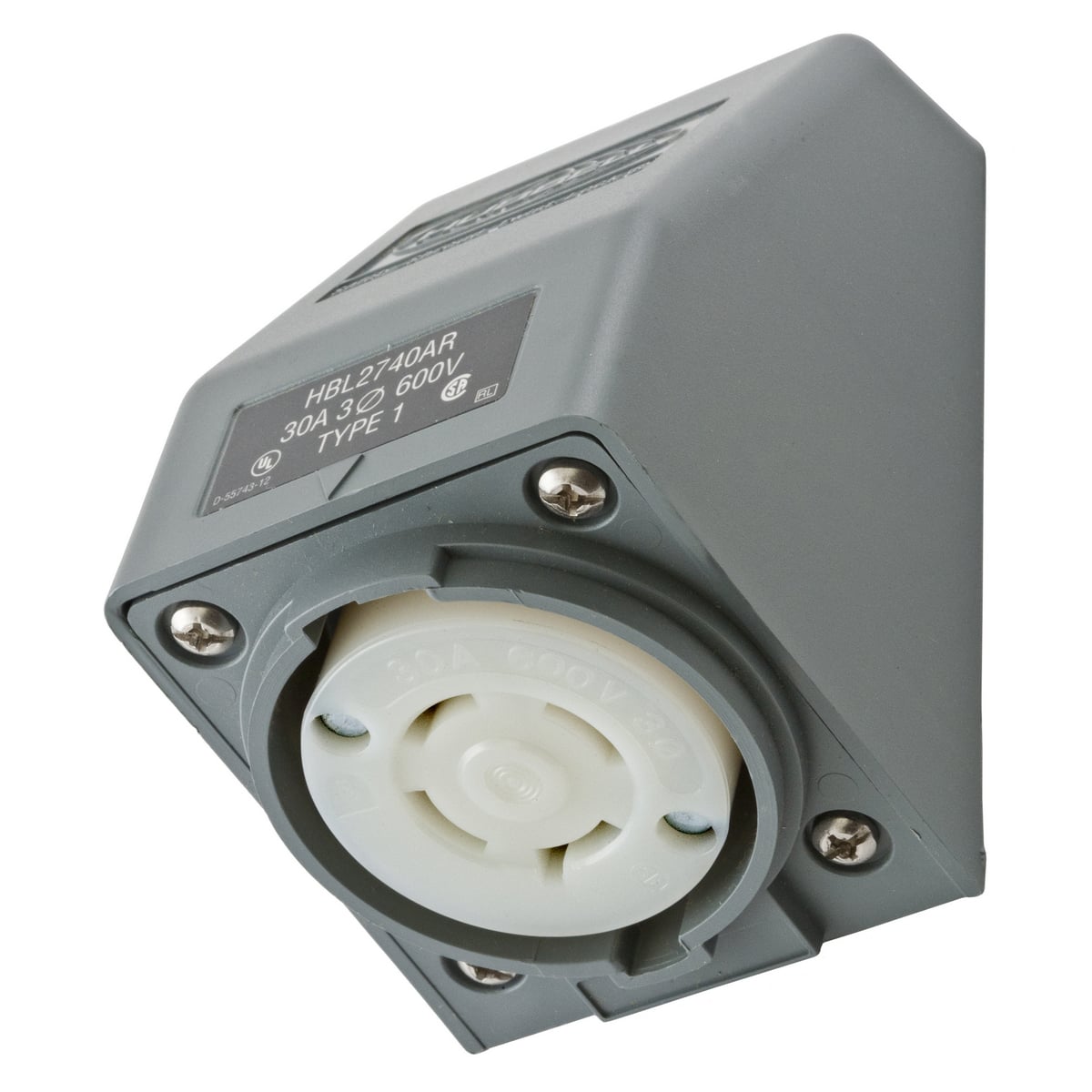Locking Devices, Twist-Lock, Safety-Shroud, Angled Receptacle, One Gang, 30A 3-Phase Delta 600V AC, 3-Pole 4-Wire Grounding, NEMA L17-30R, Screw Terminal , Gray