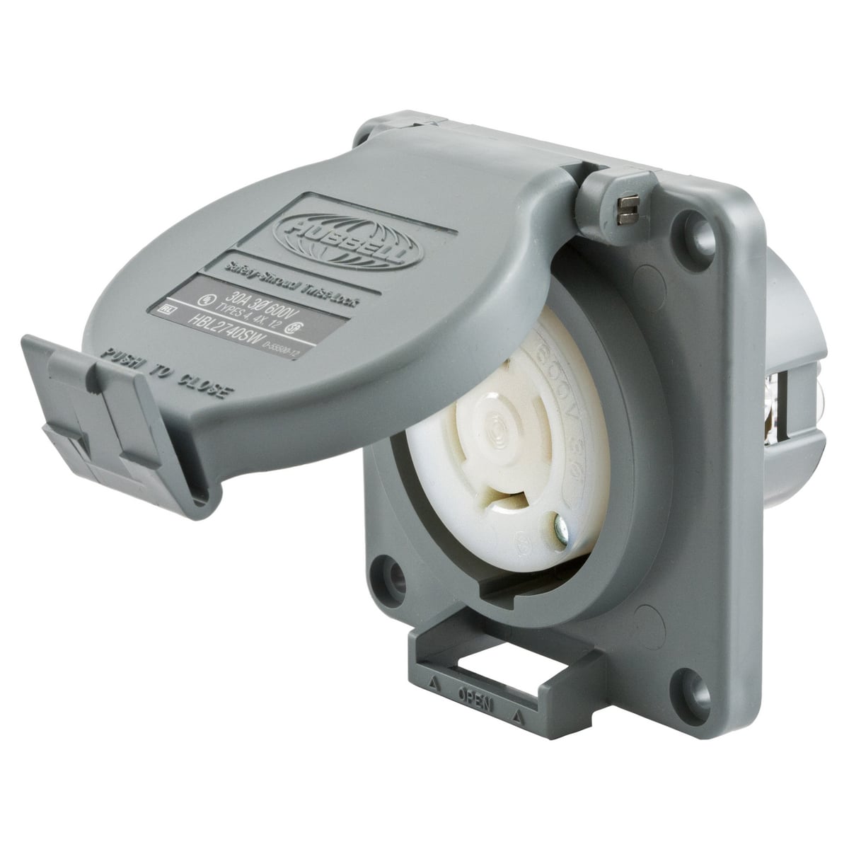 Locking Devices, Twist-Lock, Watertight Safety-Shroud, Receptacle, 30A 3-Phase Delta 600V AC, 3-Pole 4-Wire Grounding, NEMA L17-30R, Screw Terminal, PBT housing and flange, Gray