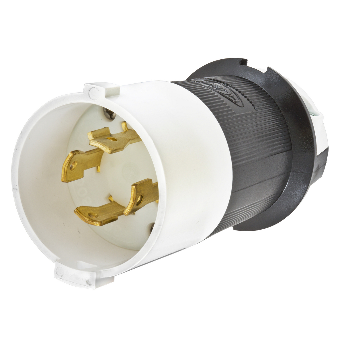 Locking Devices, Twist-Lock, Safety-Shroud, Male Plug, 30A 3-Phase 600V AC, 3-Pole 4-Wire Grounding, NEMA L17- 30P, Screw Terminal, Black and White Nylon Body, White PBT Shroud.