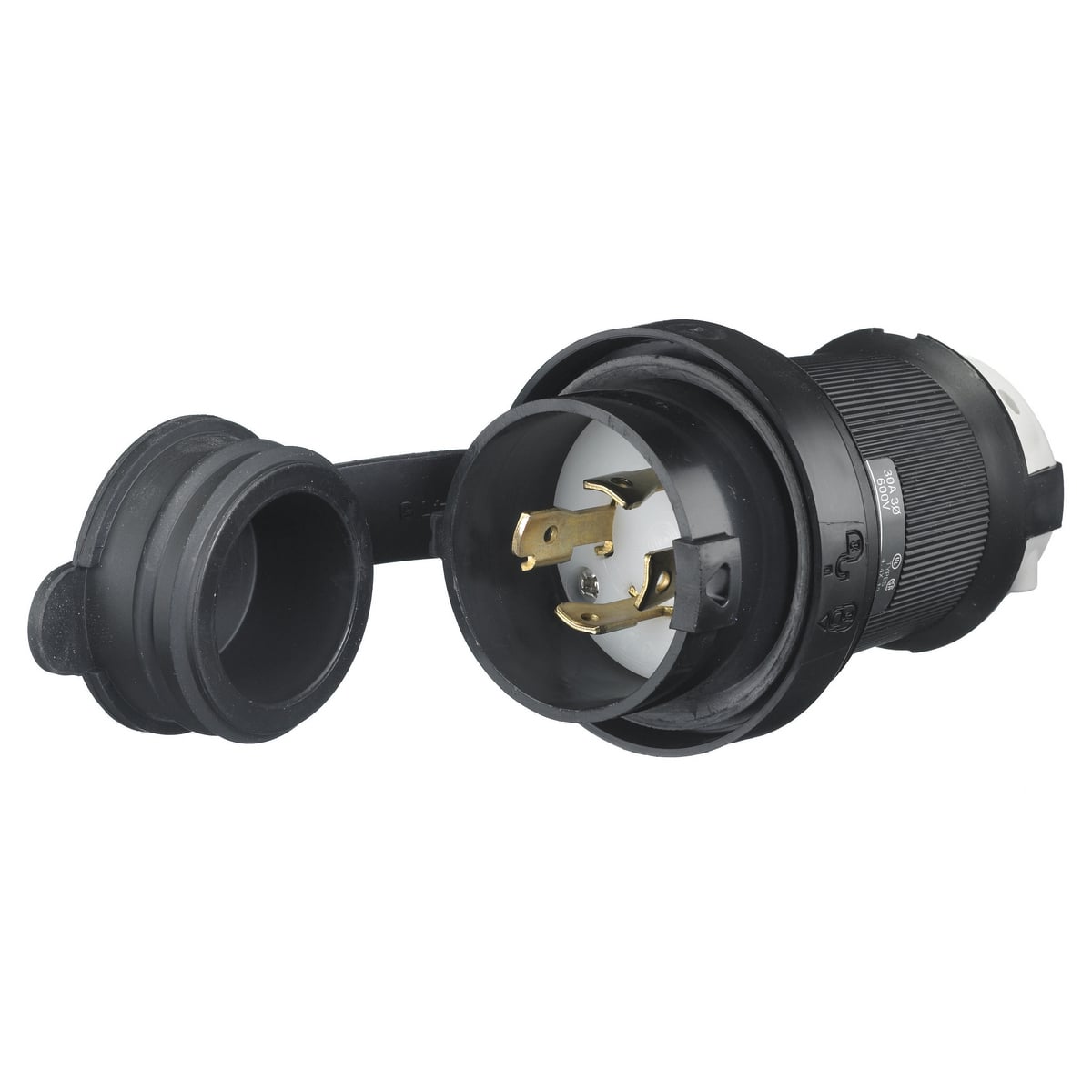 Locking Devices, Twist-Lock, Watertight Safety-Shroud, Male Plug, 30A 3-Phase Delta 600V AC, 3-Pole 4-Wire Grounding, NEMA L17-30P, Screw Terminal , Black PBT housing, White PBT clamps.