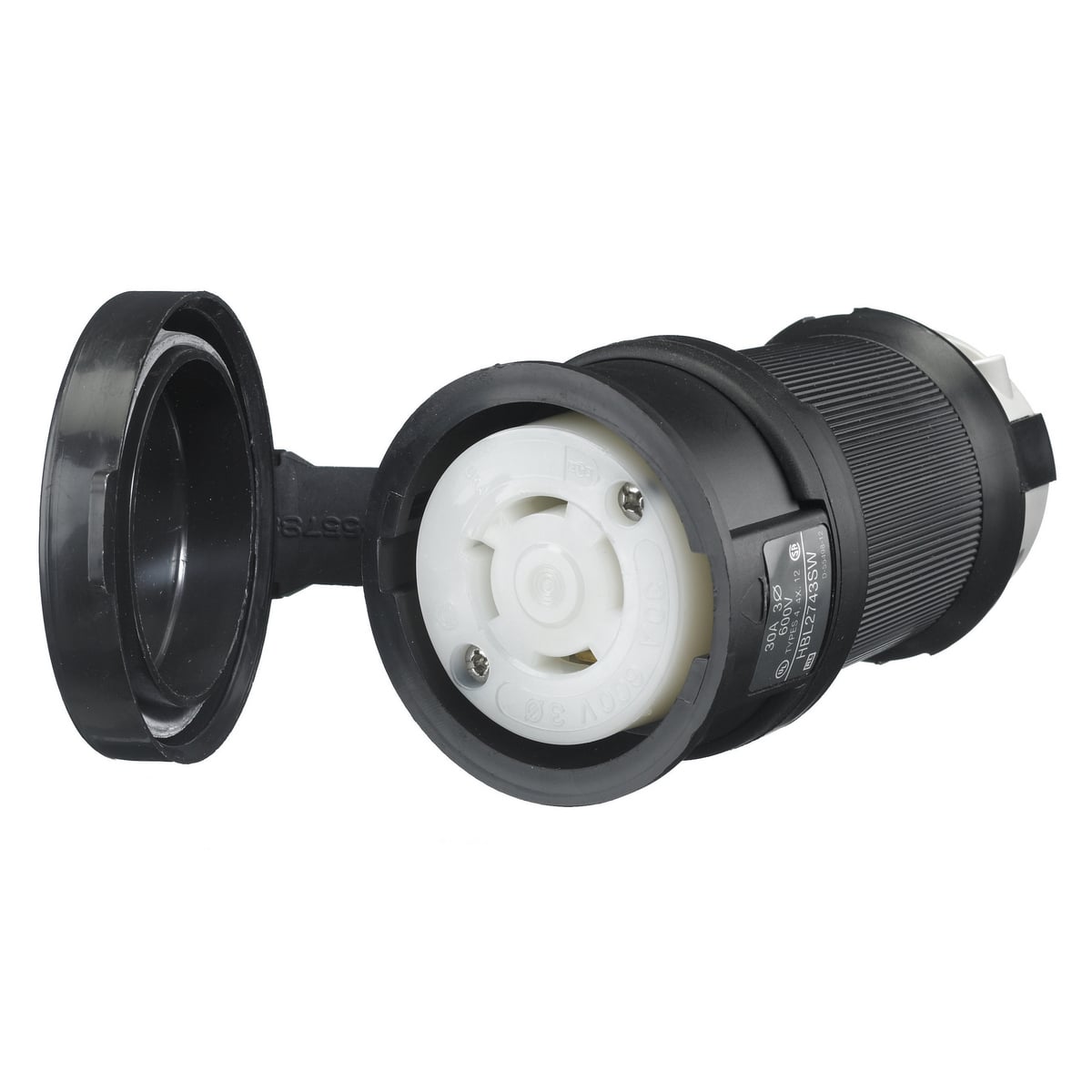Locking Devices, Twist-Lock, Watertight Safety-Shroud, Female Connector Body, 30A 3-Phase Delta 600V AC, 3-Pole 4-Wire Grounding, NEMA L17-30R, Screw Terminal, Black PBT housing, White PBT clamps.