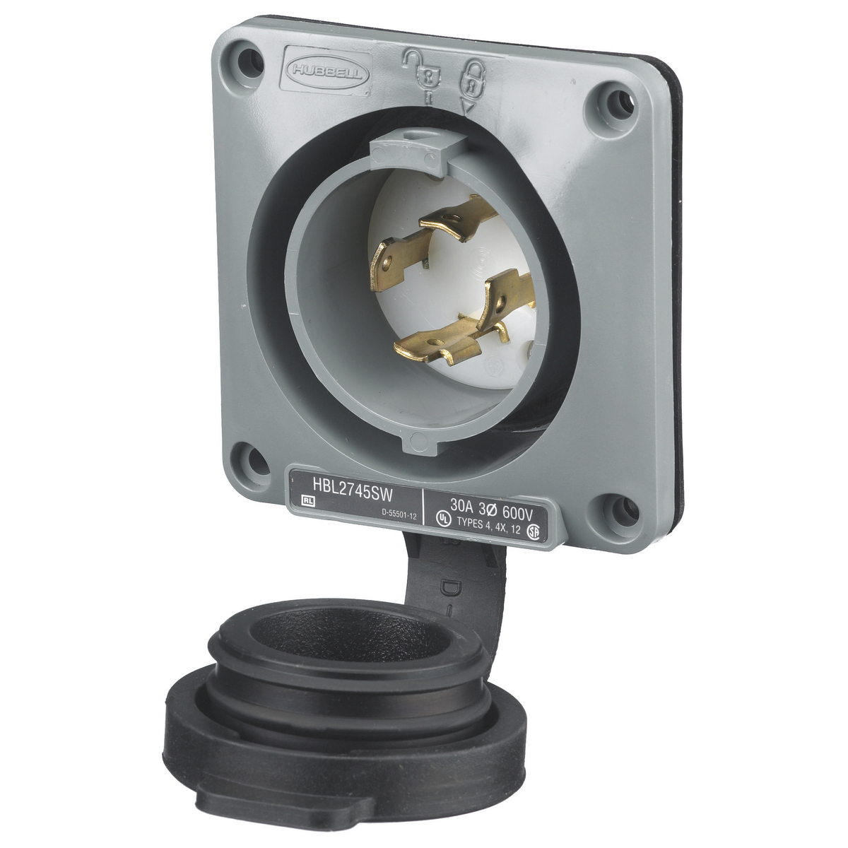 Watertight Safety-Shroud, Locking Devices, Twist-Lock, Flanged Inlet, 30A 3-Phase Delta 600V AC, 3-Pole 4-Wire Grounding, NEMA L17-30P, Screw Terminal , Gray