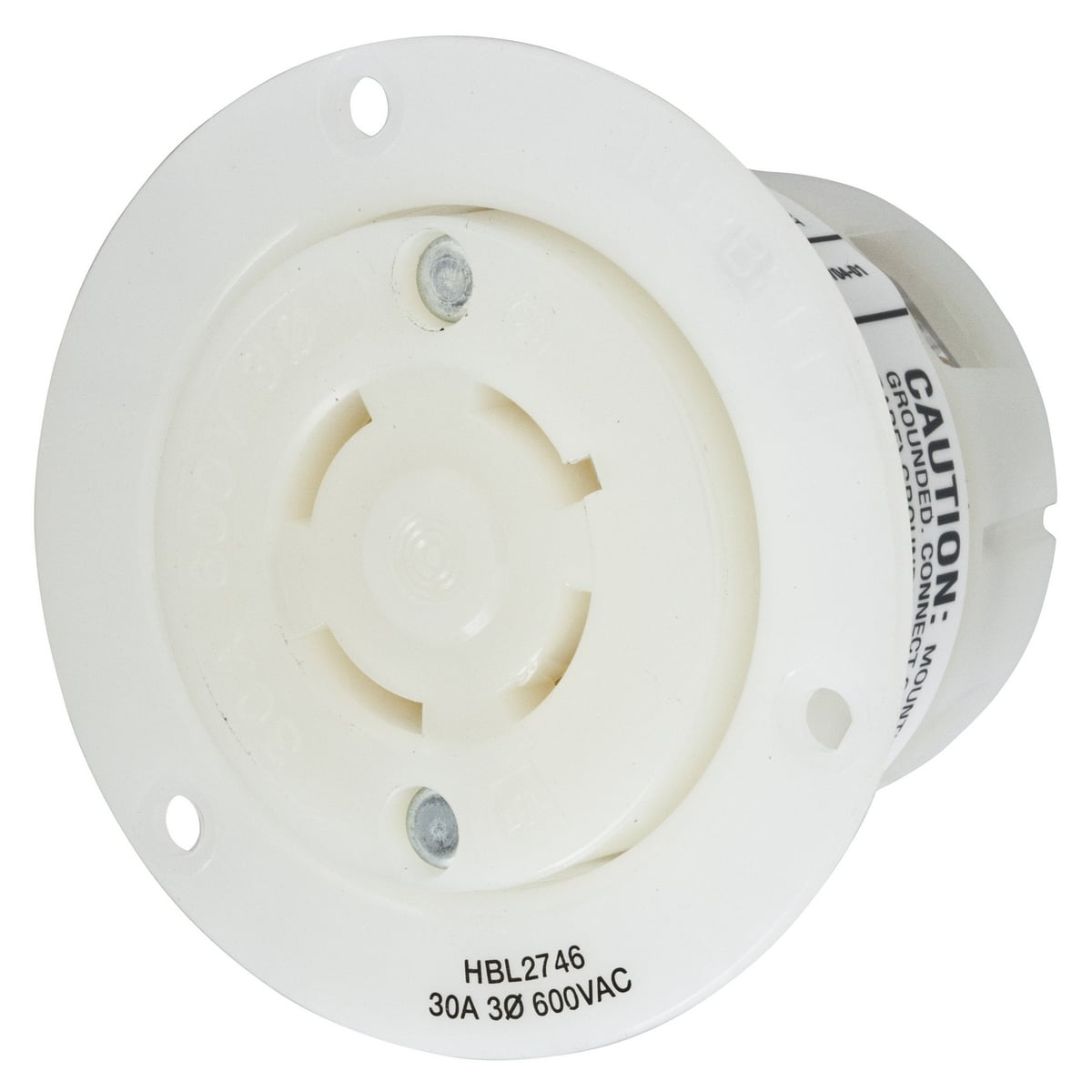Locking Devices, Twist-Lock, Industrial, Flanged Receptacle, 30A 3-Phase Delta 600V AC, 3-Pole 4-Wire Grounding, L17-30R, Screw Terminal, White