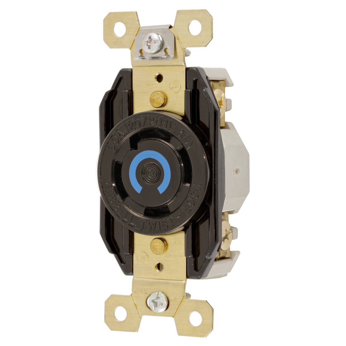 Locking Devices, Twist-Lock, Industrial, Flush Receptacle, 30A 3-Phase Wye120/208V AC, 4-Pole 4-Wire Non- Grounding, L18-20R, Screw Terminal, Black.
