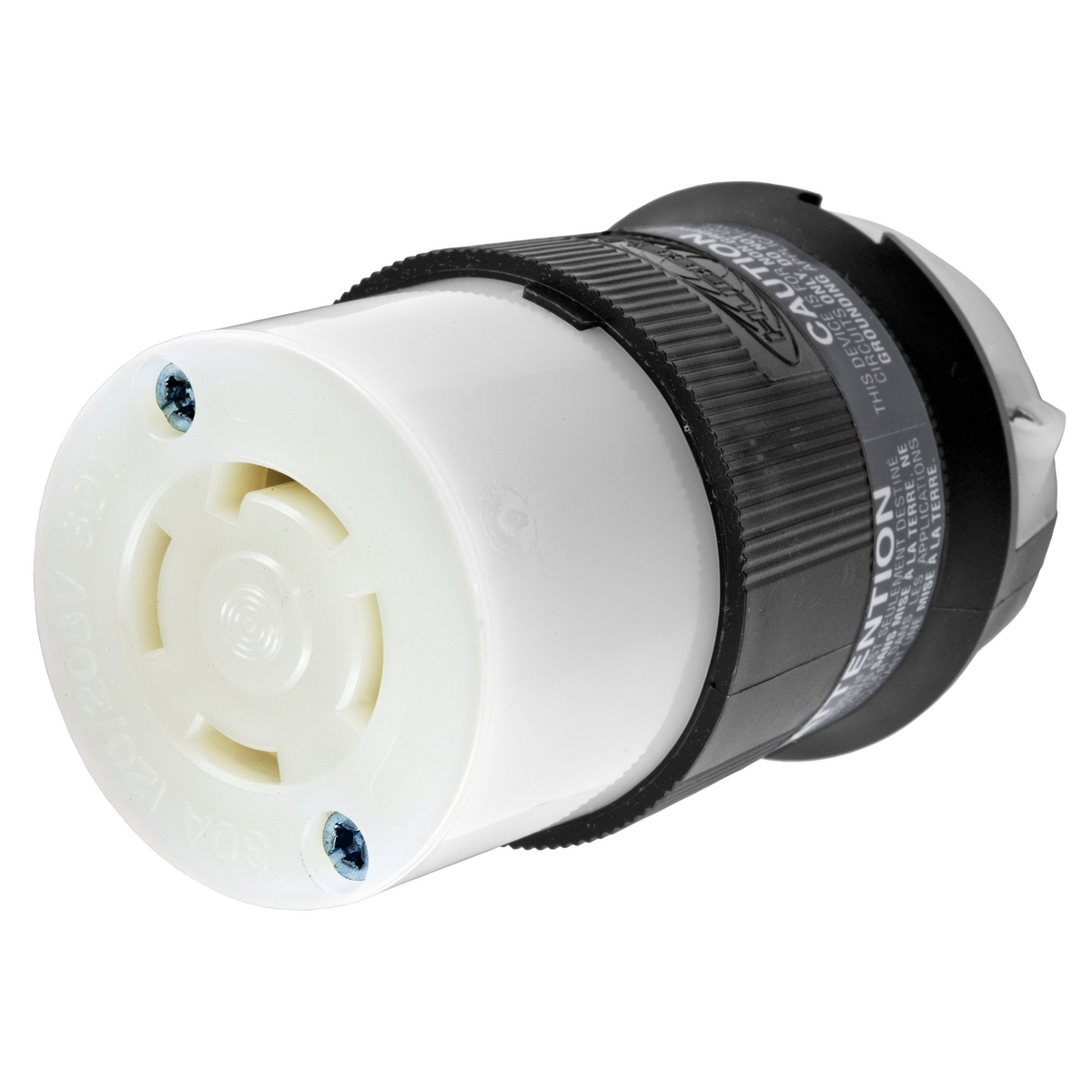 Locking Devices, Twist-Lock, Industrial, Female Connector Body, 30A 3-Phase Wye 120/208V AC, 4-Pole 4-Wire Non- Grounding, L18-30R, Screw Terminal, Black and White