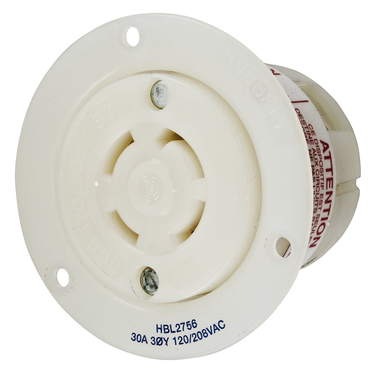 Locking Devices, Twist-Lock, Industrial, Flanged Receptacle, 30A, 3-Phase Y, 120/208V AC, 4-Pole 4-Wire Non- Grounding, L18-20R, Screw Terminal, White