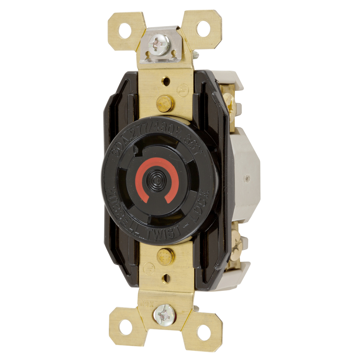 Locking Devices, Twist-Lock, Industrial, Flush Receptacle, 30A 3-Phase Wye 277/480V AC, 4-Pole 4-Wire Non- Grounding, L19-20R, Screw Terminal, Black.