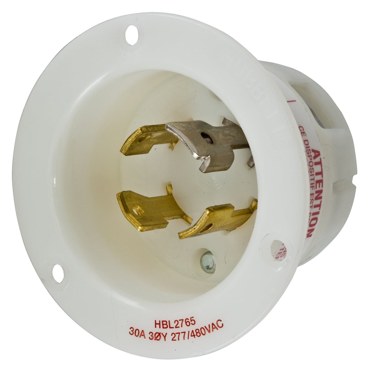 Locking Devices, Twist-Lock, Industrial, Flanged Inlet, 30A 3-Phase Wye 277/480V AC, 4-Pole 4-Wire Non-Grounding, L19-30P, Screw Terminal, White