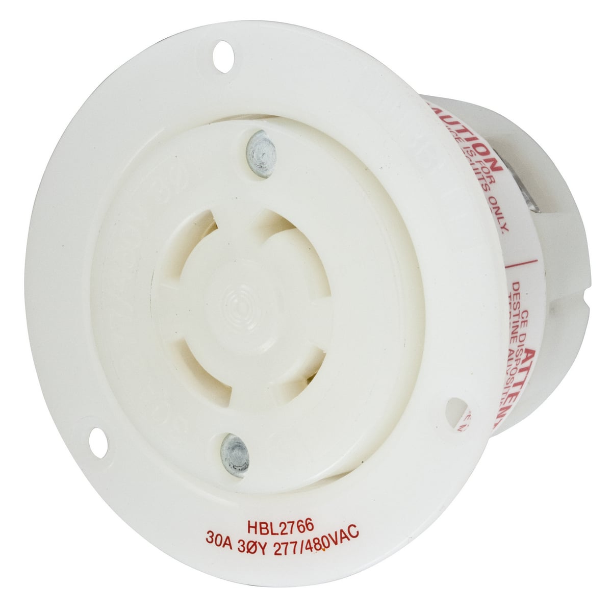Locking Devices, Twist-Lock, Industrial, Flanged Receptacle, 30A 3-Phase Wye 277/480V AC, 4-Pole 4-Wire Non- Grounding, L19-20R, Screw Terminal, White