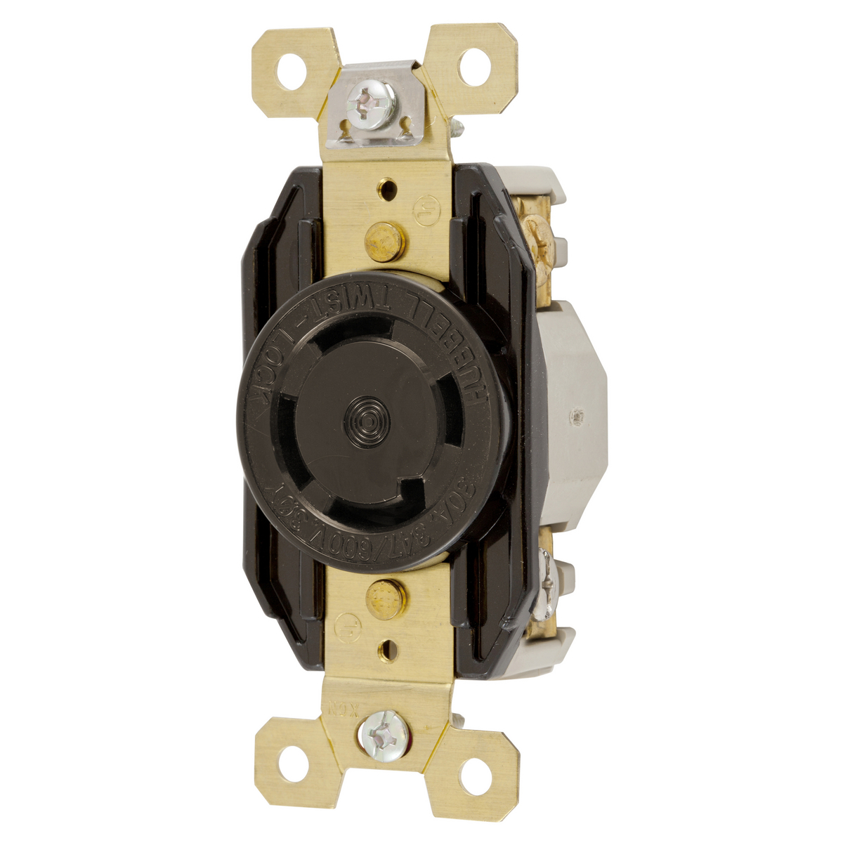 Locking Devices, Twist-Lock, Industrial, Flush Receptacle, 30A 3-Phase Wye 347/600V AC, 4-Pole 4-Wire Non- Grounding, L20-20R, Screw Terminal, Black.