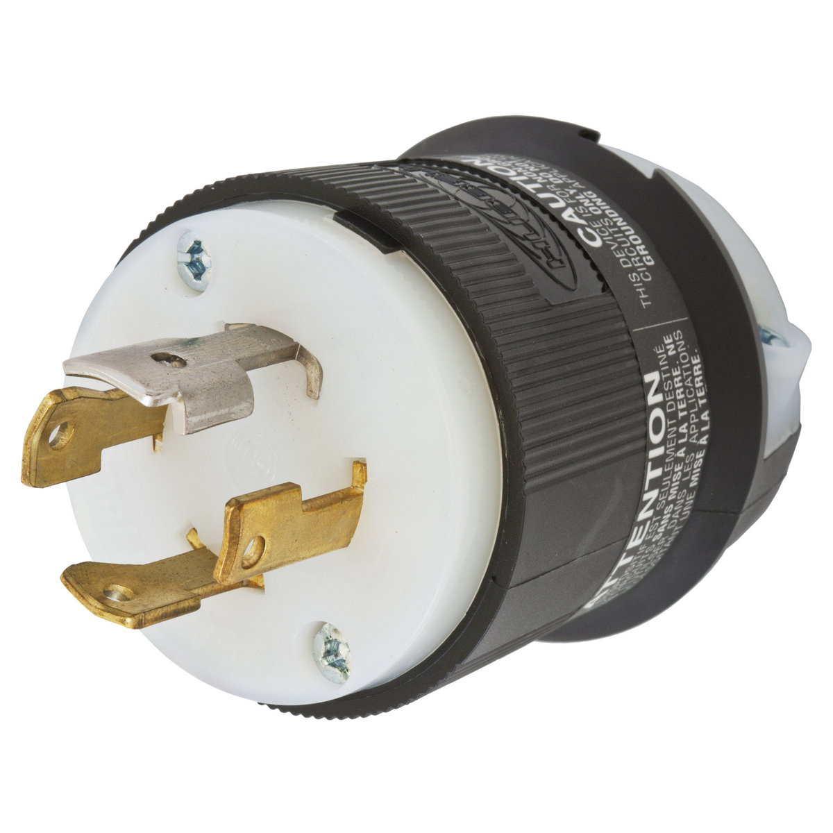Locking Devices, Twist-Lock, Industrial, Male Plug, 30A 3-Phase 347/600V AC, 4-Pole 4-Wire Non-Grounding, L20- 30P, Screw Terminal, Black and White