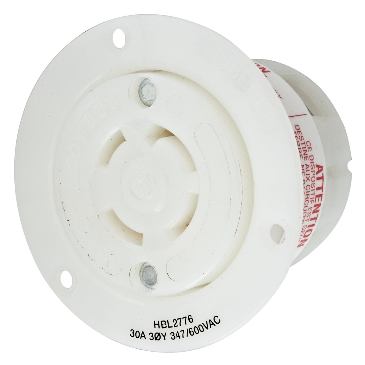 Locking Devices, Twist-Lock, Industrial, Flanged Receptacle, 30A 3-Phase Wye 347/600V AC, 4-Pole 4-Wire Non- Grounding, L19-20R, Screw Terminal, White