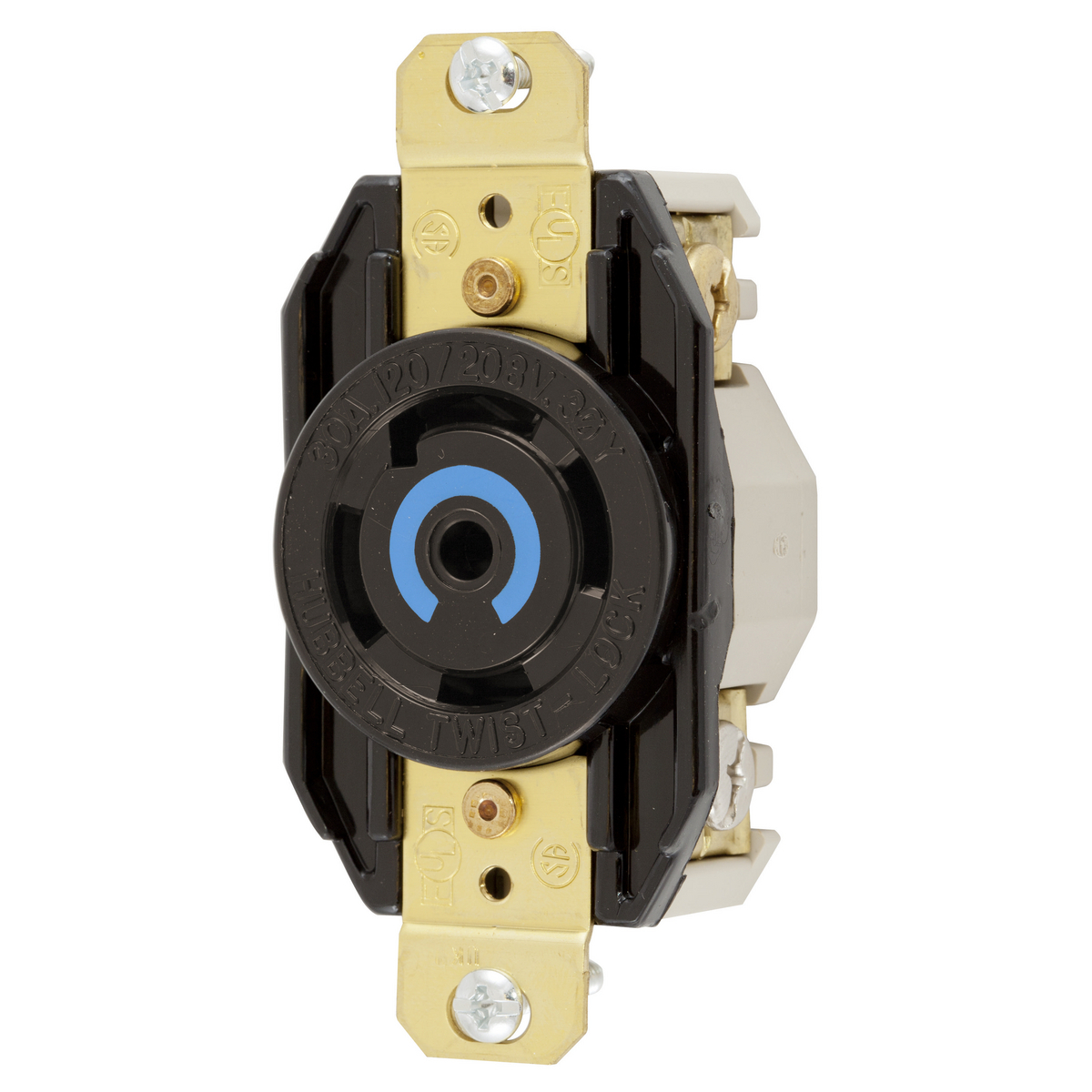 Locking Devices, Twist-Lock, Industrial, Flush Receptacle, 30A 3-Phase Wye 120/208V AC, 4-Pole 5-Wire Grounding, L21-30R, Screw Terminal, Black