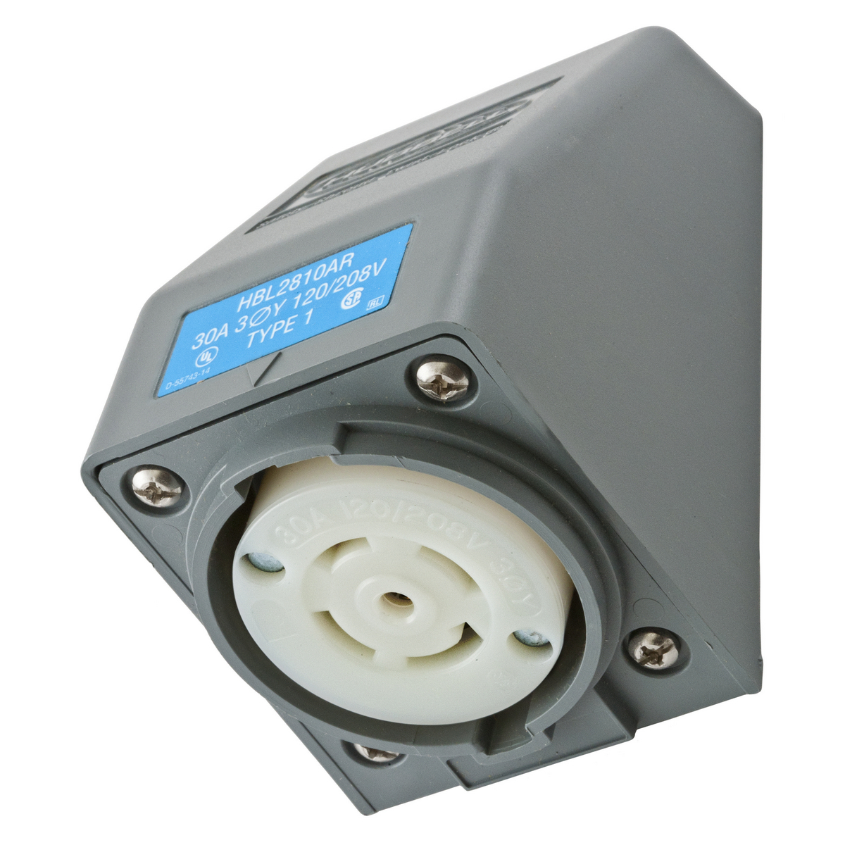 Locking Devices, Twist-Lock,Safety-Shroud Receptacle, 30A, 3 Phase Y 120/208V AC, 4 Pole, 5 Wire Grounding, NEMA L21-30R, RPT angle housing, one gang, Gray