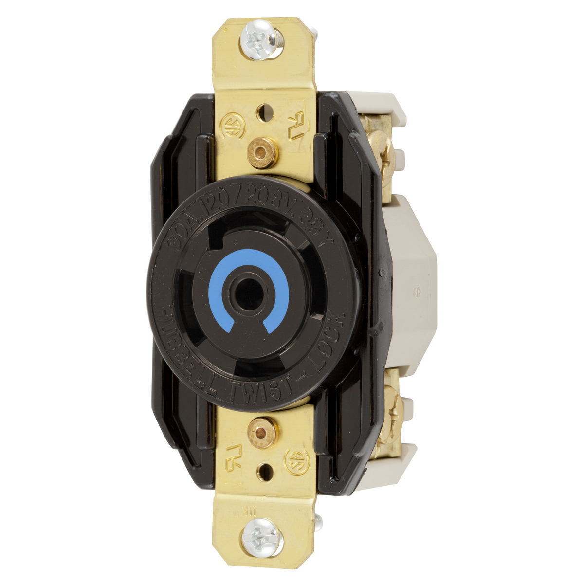 Locking Devices, Twist-Lock,Single Flush Receptacle, 30A, 3 Phase Y 120/208V AC, 4 Pole, 5 Wire Grounding, NEMA L21-30R, Nylon face, ring terminal connection, Black