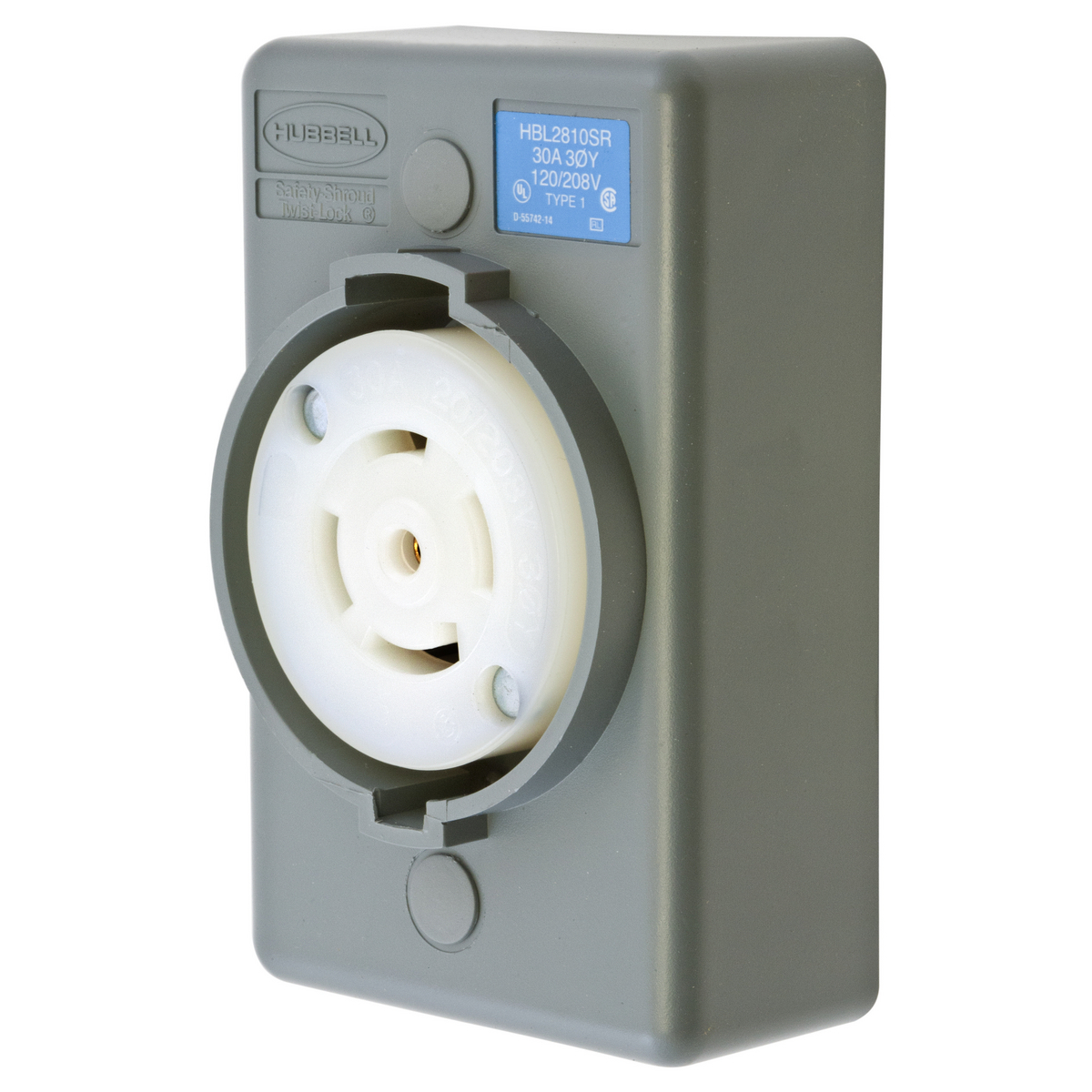 Locking Devices, Twist-Lock,Safety-Shroud Receptacle, 30A, 3 Phase Y 120/208V AC, 4 Pole, 5 Wire Grounding, NEMA L21-30R, RPT surface mounting, one gang, Gray