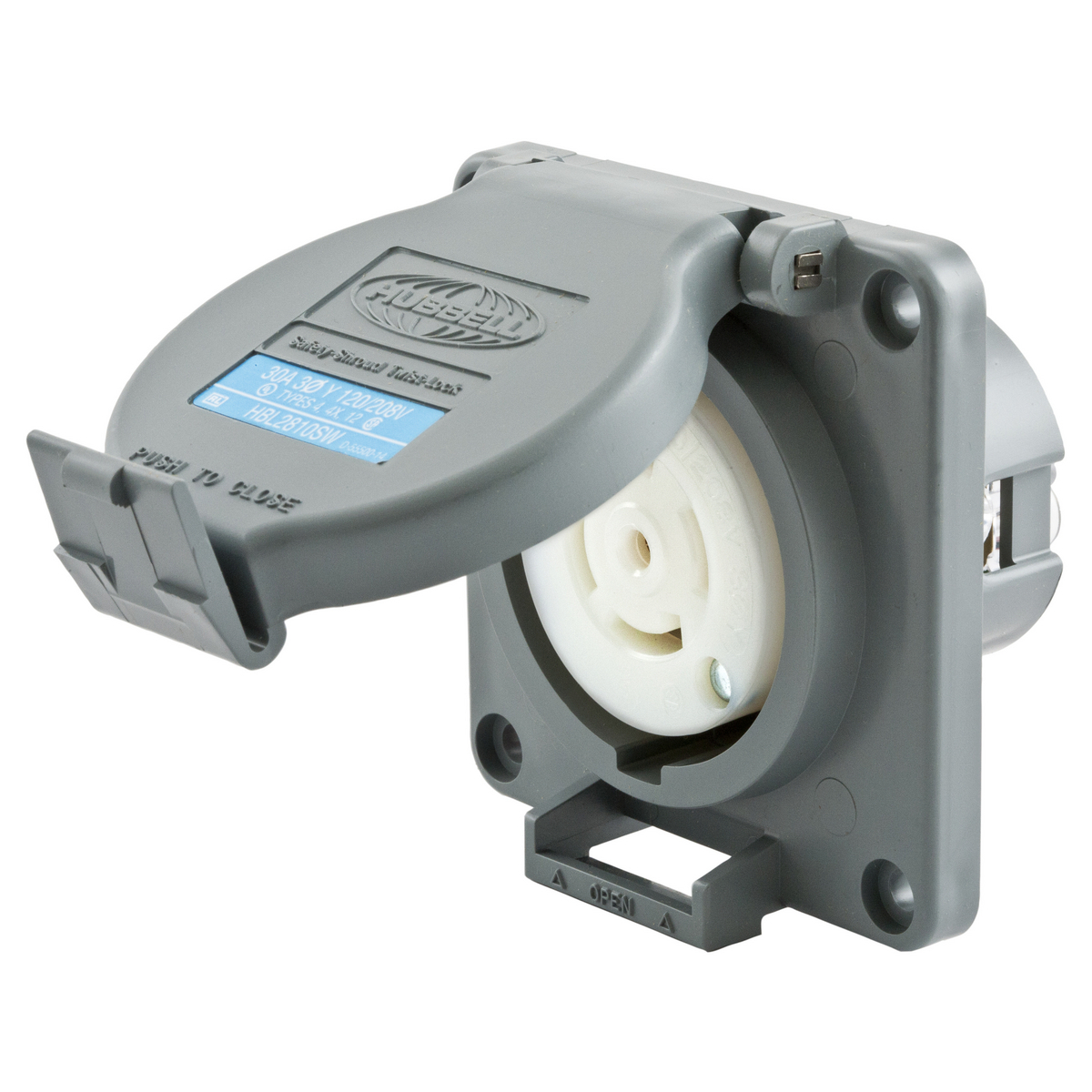 Locking Devices, Twist-Lock, Watertight Safety-Shroud, Receptacle, 30A 3-Phase Wye 120/208V AC, 4-Pole 5-Wire Grounding, NEMA L21-30R, Screw Terminal, PBT housing and flange, Gray.
