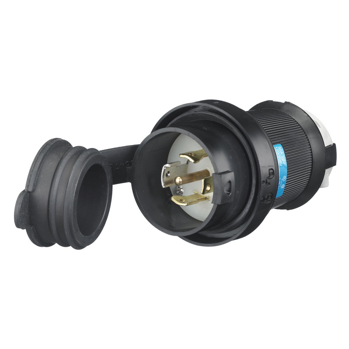 Locking Devices, Twist-Lock, Watertight Safety-Shroud, Male Plug, 30A 3-Phase WYE 120/208V AC, 4-Pole 5-Wire Grounding, NEMA L21-30P, Screw Terminal , Black PBT housing, White PBT clamps.
