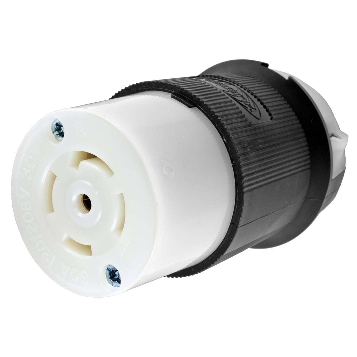 Locking Devices, Twist-Lock, Insulgrip Connector, 30A, 3 Phase Y 120/208V AC; 4 Pole, 5 Wire Grounding, NEMA L21-30R, Black and white nylon