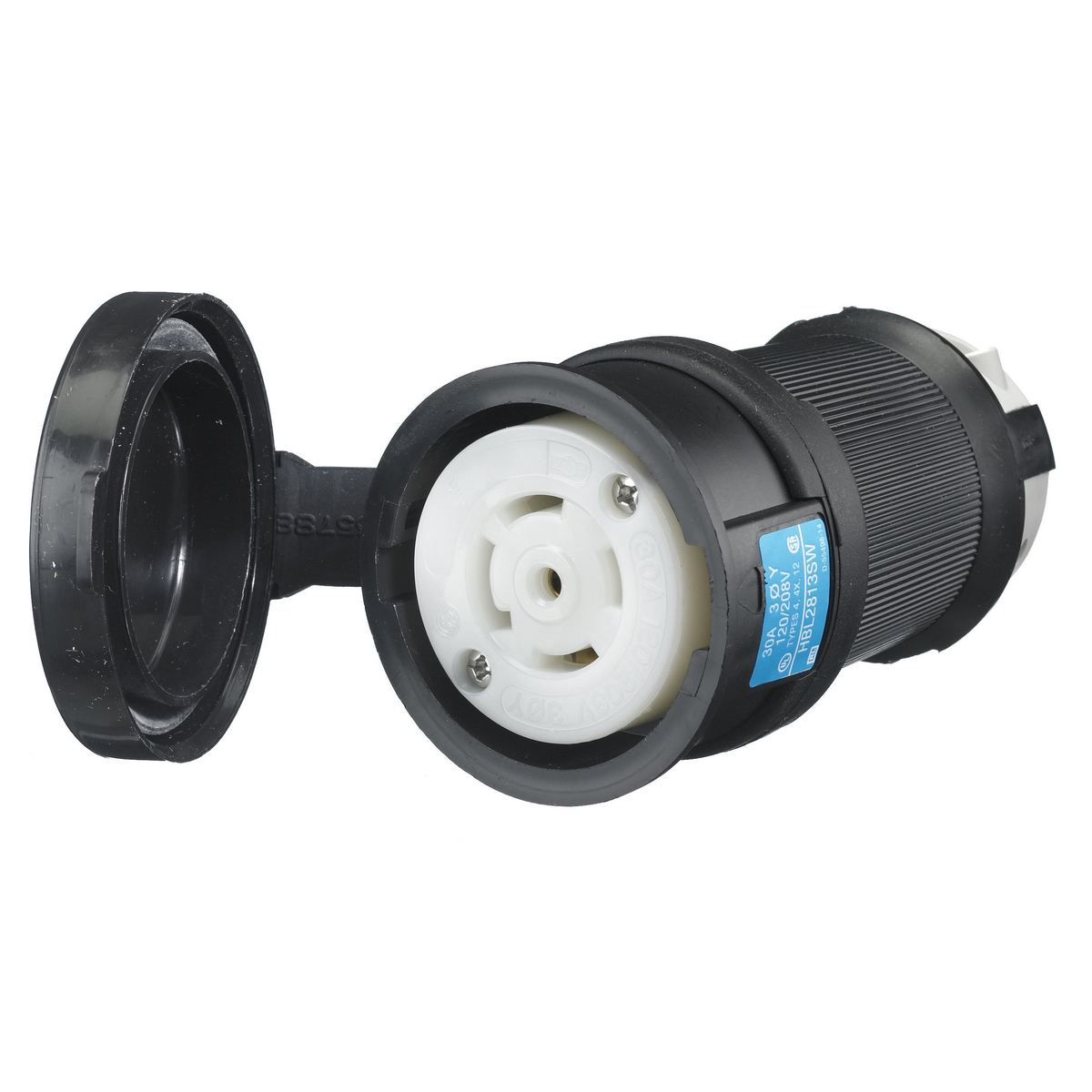 Locking Devices, Twist-Lock, Watertight Safety-Shroud, Female Connector Body, 30A 3-Phase Wye 120/208V AC, 4- Pole 5-Wire Grounding, NEMA L21-30 R, Screw Terminal, Black PBT housing, White PBT clamps.
