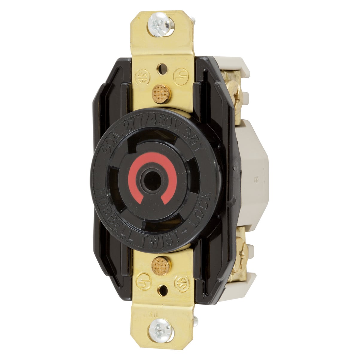 Locking Devices, Twist-Lock, Industrial, Flush Receptacle, 30A 3-Phase Wye 277/480V AC, 4-Pole 5-Wire Grounding, L22-30R, Screw Terminal, Black