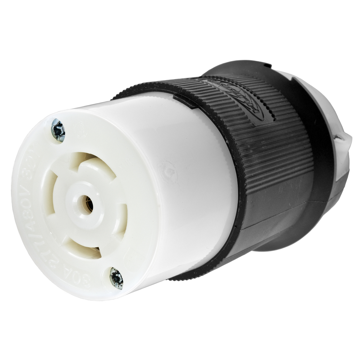 Locking Devices, Twist-Lock, Industrial, Female Connector Body, 30A 3-Phase Wye 277/480V AC, 4-Pole 5-Wire Grounding, L22-30R, Screw Terminal, Black and White