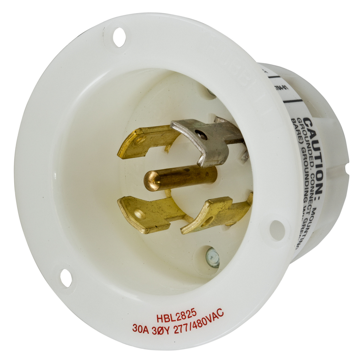Locking Devices, Twist-Lock, Industrial, Flanged Inlet, 30A 3-Phase Wye 277/480V AC, 4-Pole 5-Wire Grounding, L22-30P, Screw Terminal, White