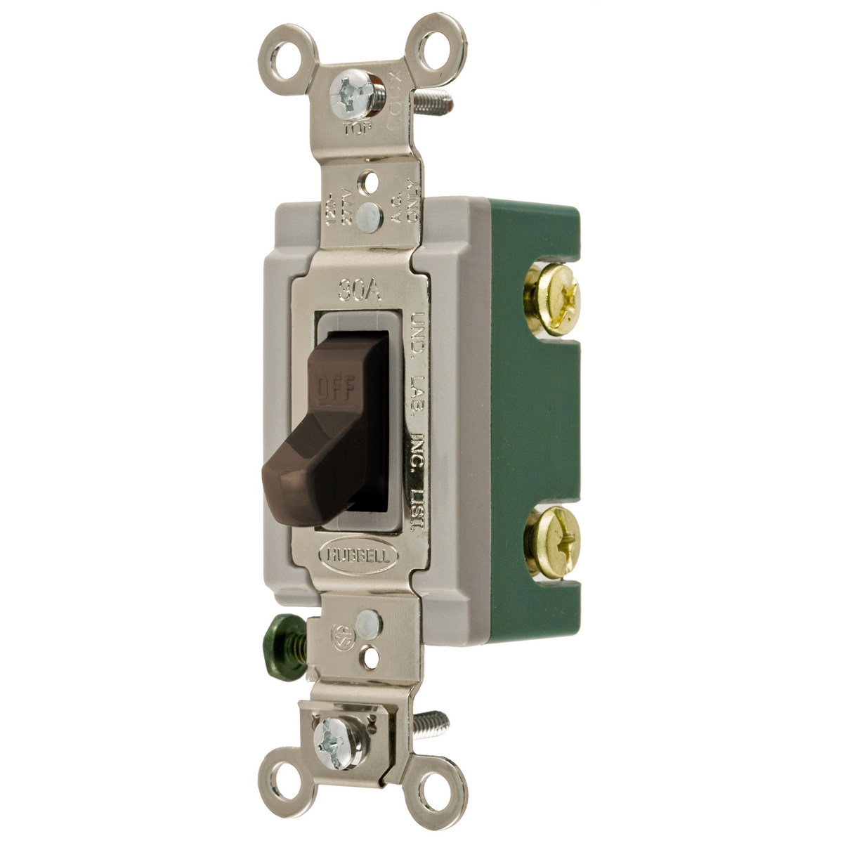 Switches and Lighting Controls, Extra Heavy Duty Industrial Grade, Toggle Switches, General Purpose AC, Single Pole, 30A 120/277V AC, Back and Side Wired, Brown Toggle