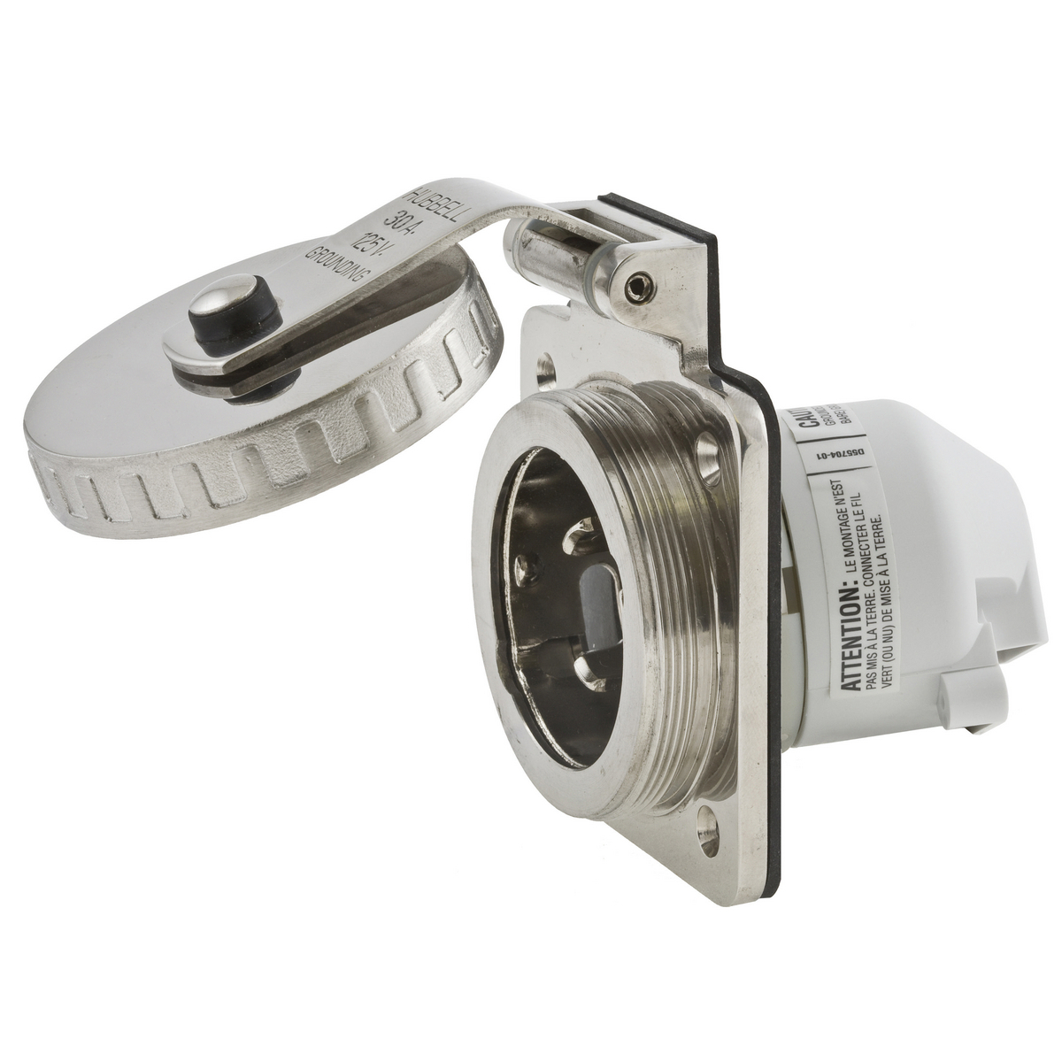 Locking Devices, Twist-Lock, Marine Grade, Hull Inlet, 30A 125V, 2-Pole 3-Wire Grounding, L5-30P, Screw Terminal, Stainless Steel