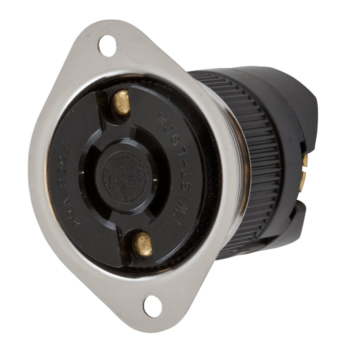 Locking Devices, Twist-Lock, Industrial, Flanged Receptacle, 20A 250V, 2-Pole 2-Wire Non Grounding, NEMA L2-20R, Screw Terminal, Stainless steel casing, black phenolic.