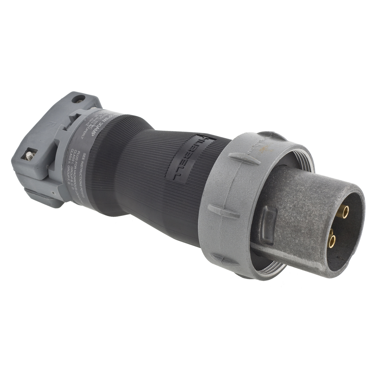 Heavy Duty Products, Insulgrip Pin and Sleeve Devices, Industrial Grade, Male, Plug, 30A 600V AC, 2-Pole 3-Wire Grounding Style 2, Terminal Screws, Gray and Black, Watertight